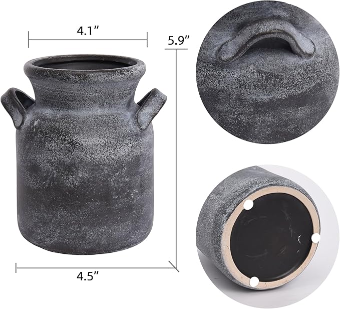 Quoowiit Ceramic Rustic Farmhouse Vase, Distressed Decorative Flower Vases for Home Decor, Ideal Shelf Decor, Black Boho Vase for Living Room Bedroom Kitchen Office Centerpiece Table Decorations