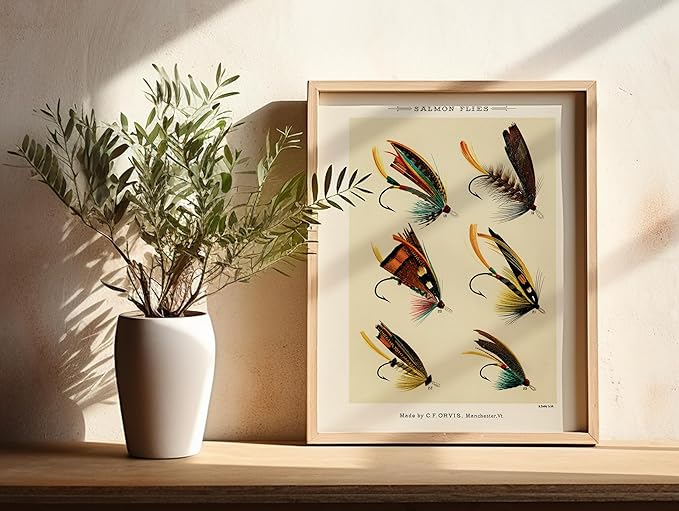Vintage Fly Fishing Art Prints (Set of 4) - Unframed - 8x10 | Great Gift for Fisherman - Reproductions of Vintage Fishing Lure Drawings - Rustic Decor