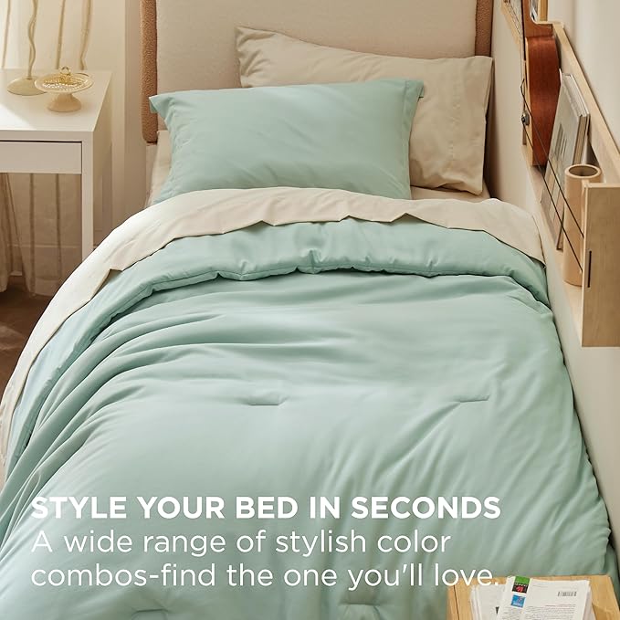 Bedsure Twin XL Comforter Set - Extra Long 5 Pieces Sage Green Twin XL Bedding Set for All Seasons, Boho Contrasting Design Bed in a Bag with Comforter, Sheets, Pillowcase & Sham