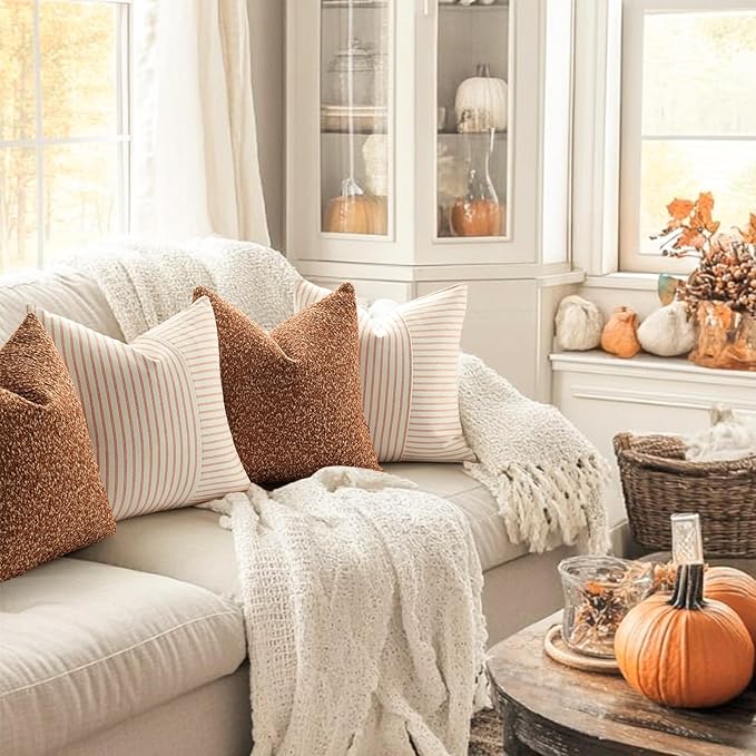 YCOLL Fall Pillow Covers 20x20, Modern Accent Throw Pillow Covers Set of 2, Burnt Orange Striped Patchwork Linen Decorative Pillows Cushion Covers for Fall Decorations