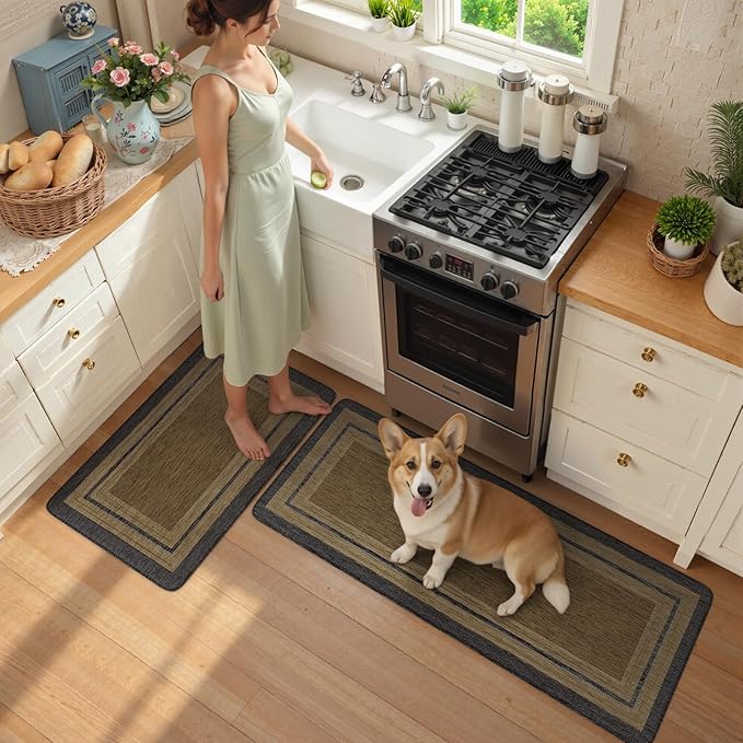 KIMODE Anti Fatigue Kitchen Mats, Boho Distressed Kitchen Floor Mats 20"x47"+20"x32", Non Slip Waterproof Kitchen Rugs, Padded Comfort Standing Mats for Laundry Office Sink Desk Grey/Brown