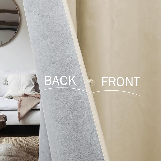 StangH 100% Blackout Beige Curtains Soft Thick Velvet Nursery Bedroom Window Curtains White Liner Thermal Insulated Drapes Hook Belt for Track System Room Dividers, W52 x L84, 2 Panels