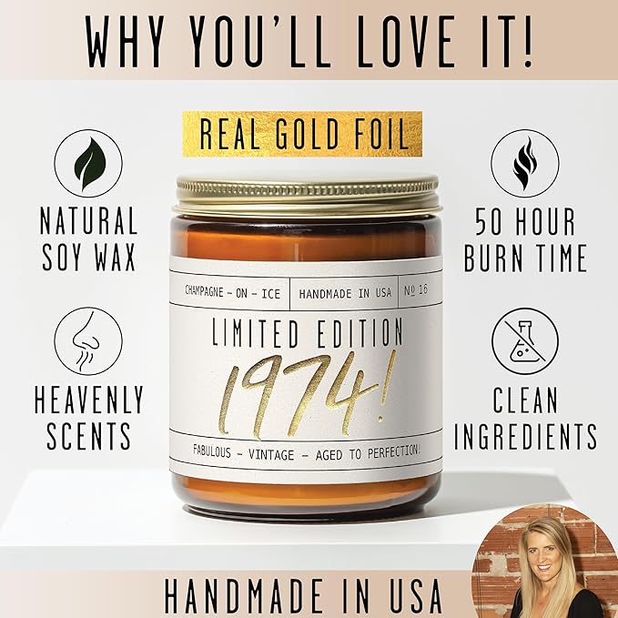 51st Birthday Gifts for Women - 'Limited Edition 1974' Soy Candle, w/Champagne on Ice I 51 Birthday Gifts for Women I 51st Gift for Her Ideas I 9oz Reusable Jar, 50Hr Burn, Made in USA