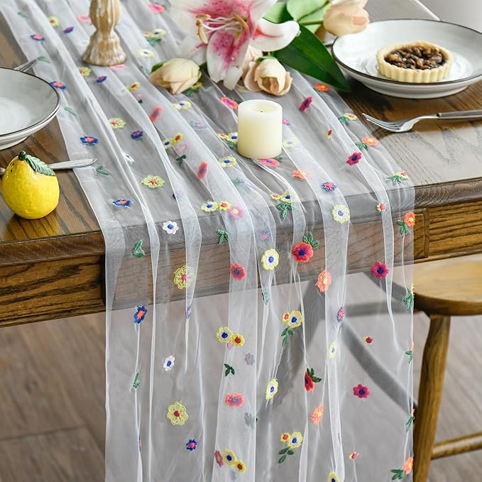 Artoid Mode 6PCS Embroidery Daisy Gauze Table Runner 120 Inch 10FT, Seasonal Sheer Kitchen Dining Holiday Wedding Birthday Table Decor for Home Party