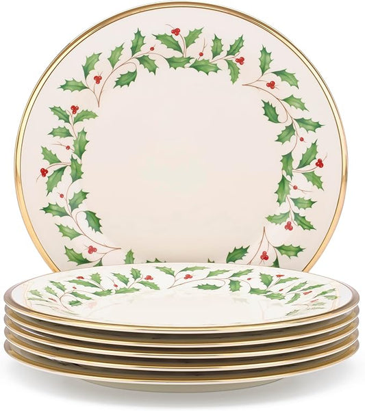 Lenox Holiday 6-Piece Dinner Plates Dinnerware Set, Service For 6, Porcelain, Dishwasher Safe, Round Plates Set, Holiday Red & Green, Perfect for Gatherings, Christmas Dinnerware (Ivory, 6 Piece)