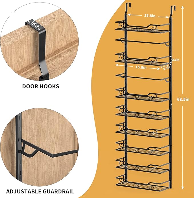 Moforoco 8-Tier Over The Door Pantry Organizer, Pantry Organization and Storage, Black Hanging Basket Wall Spice Rack Seasoning Shelves, Home & Kitchen Laundry Room Bathroom Essentials accessories