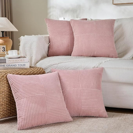 Fancy Homi 4 Packs Blush Pink Decorative Throw Pillow Covers 16x16 Inch for Living Room Couch Bed, Rustic Farmhouse Boho Home Decor, Soft Cross Patchwork Corduroy Textured Square Cushion Case 40x40 cm