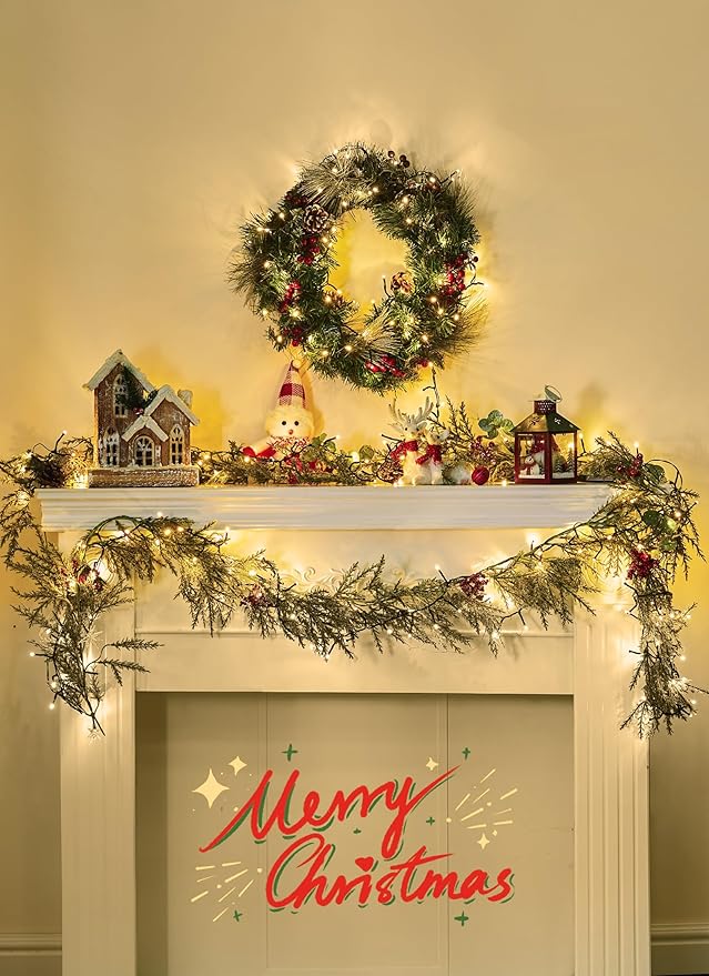 Brightown Christmas Garland with Lights, 6 Ft LED Battery Operated Christmas Lights with Pine Cones, Berry, Eucalyptus Leaves, Indoor Christmas Decorations for Stairs Fireplace Door, 2 Pack