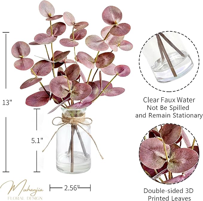 Artificial Eucalyptus Stems in Glass Vase with Faux Water,3Pcs Fake Plant with Double-Sided Purple Leaves for Centerpiece(Double-Sided Purple Eucalyptus)