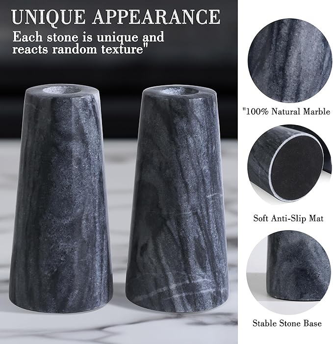 HofferRuffer Marble Candlestick Holders，Set of 2 Natural Stone Candle Holder Decorative Candle Stands for Wedding, Dinning, Party, Table Centerpieces, Fit 3/4'' Thick Taper Candles (Grey Black)