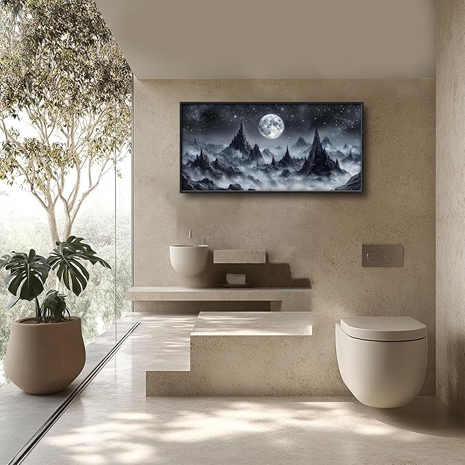 Olivine Mountain Large Wall Art, Moon Pictures Wall Decor, Nature Landscape Paintings, Night Mountains Canvas Prints, Framed Artwork for Dining Room Bedroom Living Room Office Bathroom Home 60"x30"