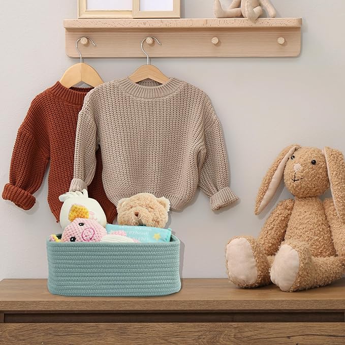 Small Woven Storage Baskets 12“X8”X5“ Decorative Rope Bins for Organizing Shelves, Closets, and Toys, Empty Gift Baskets, Cute Organizer Basket for Home and Office (green, regular)