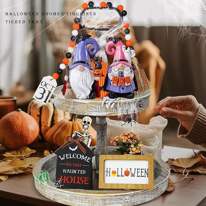 Halloween Decorations | Set of 2 Halloween Gnomes Decorations for home | Tomte Swedish Gnomes Resin Figurines for Indoor & Outdoor Garden Fall Gnome Table Centerpiece, Autumn Party Decor 4.2 "H