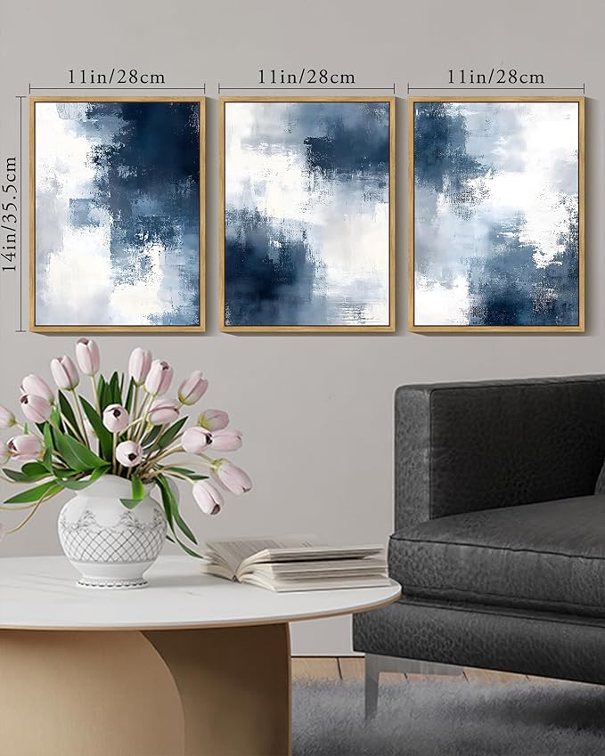 KUVIOKE Navy Blue Abstract Wall Art Framed Neutral Brush Strokes Block Shape Mid Century Art Prints Minimalist Modern Illustrations Bedroom Hallway 11x14in (Natural Framed)