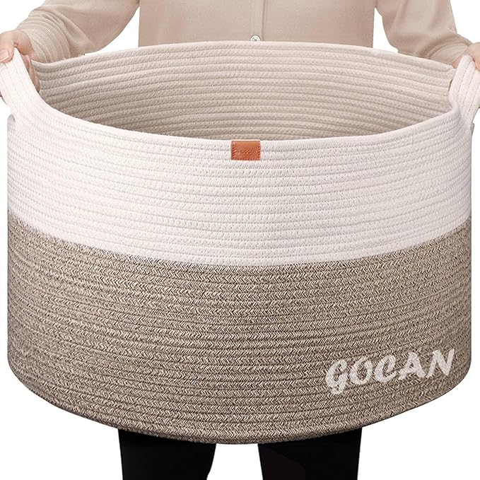 Extra Large Laundry Basket toy storage 22"X22"X14" blanket basket Cotton Rope Woven Baskets with Handles for Living Room (Brown/Beige) XXXL