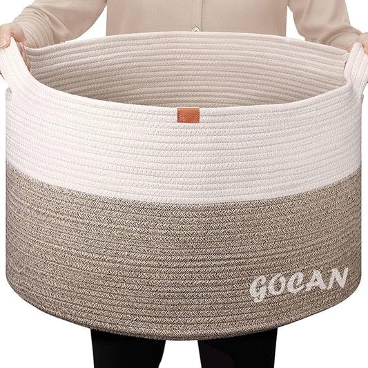 Extra Large Laundry Basket toy storage 22"X22"X14" blanket basket Cotton Rope Woven Baskets with Handles for Living Room (Brown/Beige) XXXL