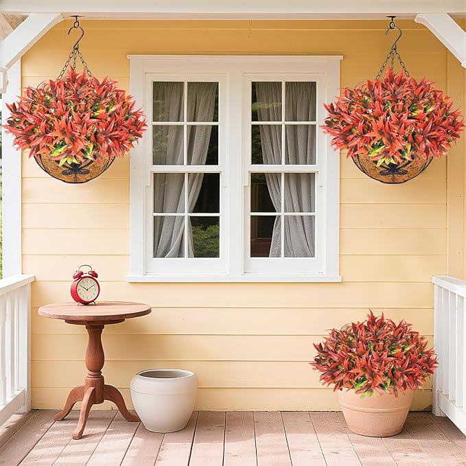 Uieke 2PCS Artificial Hanging Flowers for Outdoors with Hanging Basket, 22.8" 10pcs UV Resistant Fall Faux Flowers, Fake Hanging Plants for Autumn Garden Porch Patio Balcony Decoration