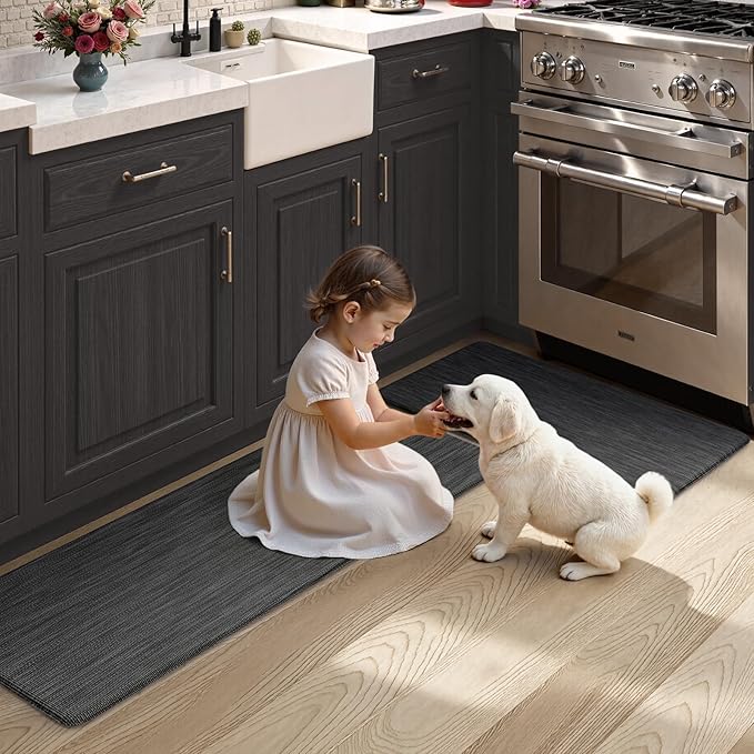KIMODE Anti Fatigue Kitchen Mats 17"x47"+17"x29", Dark Grey Farmhouse Kitchen Rugs Sets of 2, Paded Kitchen Floor Mats, Textilene Kitchen Mat for Floor Non Slip, Standing Mat for Laundry Sink Desk