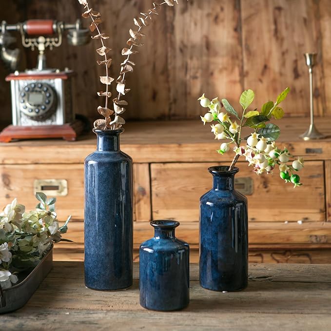 Blue Ceramic Vase Set of 3 Small Vases, Modern Farmhouse for Home Decor Bottles, Rustic Terracotta Vase Decorative Vases for Table,Fireplaces Decor, Bookshelf, Living Room
