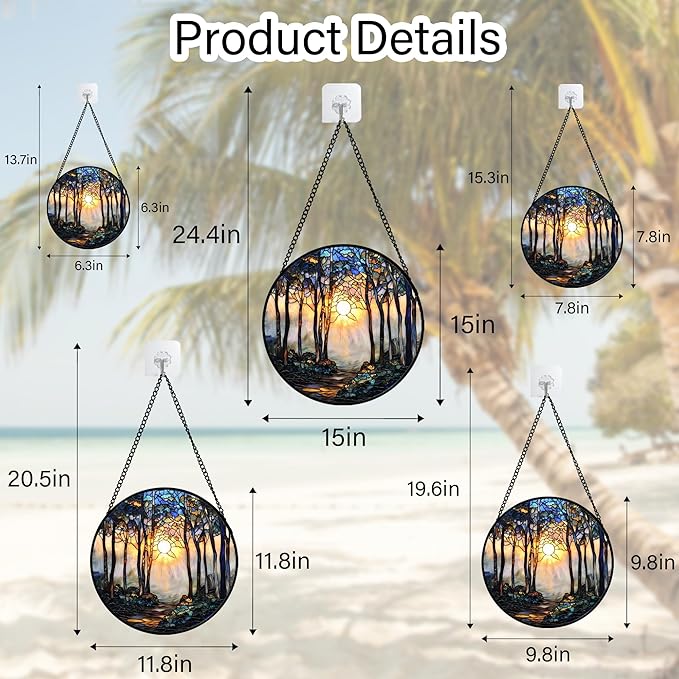 Stained Glass Window Hanging, Forest Sunrise Smoke Blue Brown Tree Suncatcher for Doors Window Home Landscape Sun Catchers Decor Mother's Day Birthday Gifts for Women, Men Mom 15 in