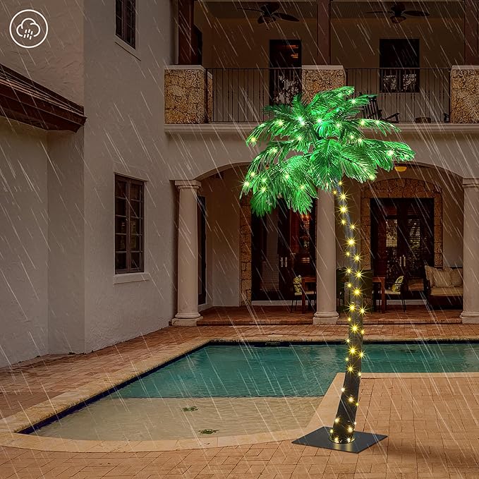 Lightshare 7FT Gorgeous Solar Palm Tree Artificial Tree, 96LED Lights, Decoration for Office, Home, Party, Christmas, Nativity, Outdoor Patio