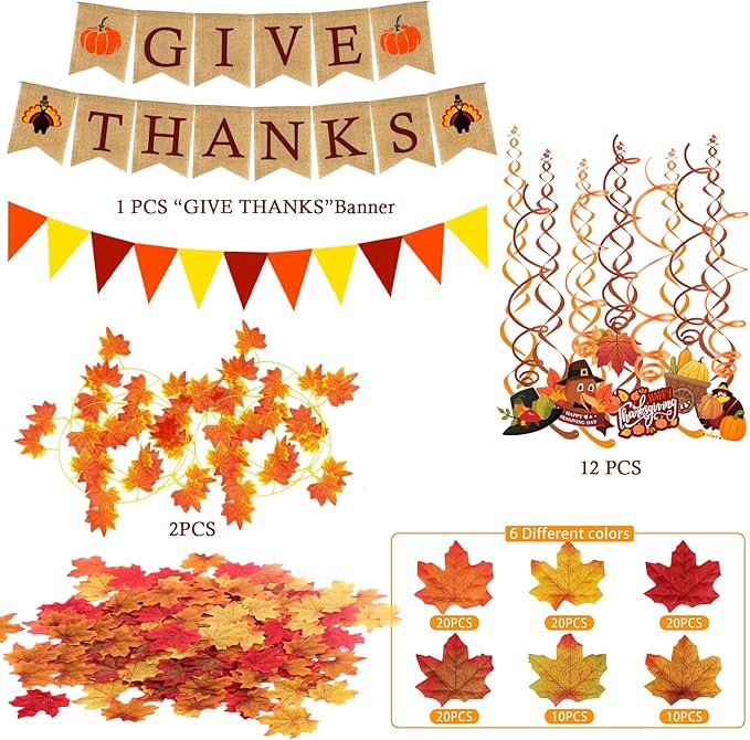 GIVE Thanks Burlap Banner Paper Triangular Bunting Maple Leaf Garland Plastic Streamer for Autumn Harvest Thanksgiving Day Party Decoration