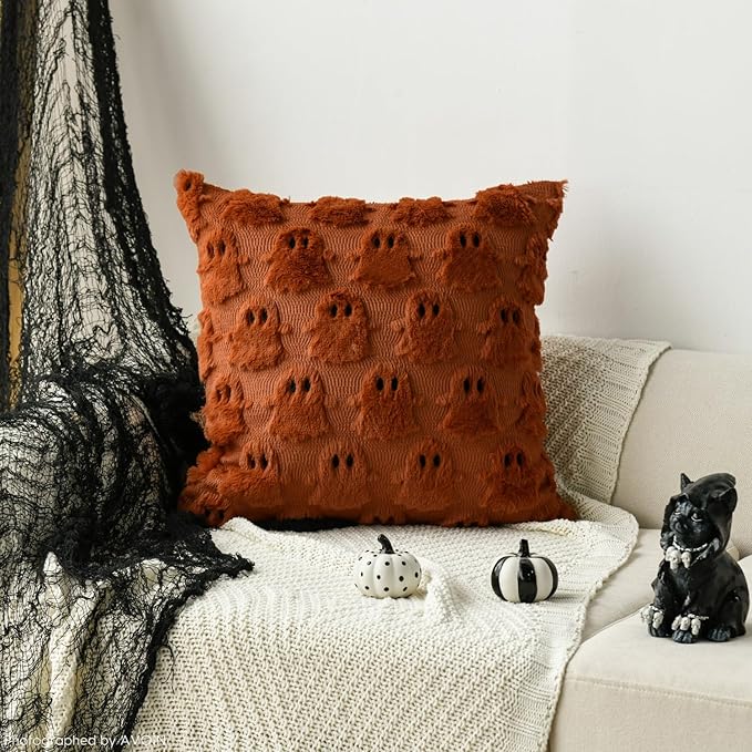 AVOIN colorlife Halloween Ghost Caramel Throw Pillow Cover Set of 2, 18 x 18 Inch Soft Plush Faux Fur Jacquard Spooky Cushion Case Decoration for Sofa Couch