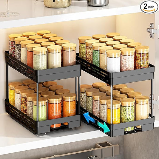 Pull Out Spice Rack Organizer for Cabinet, 2 Pack Widen Slide Out Spice Racks Organizer, Spice Cabinet Organizers, Cabinet Size Need:12'' Highx11'' Deepx6.75'' Wide,Hold 15 Spice Jar Each Tier-2Tier