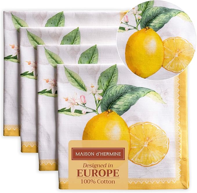 Maison d' Hermine Cloth Napkins Set of 4 100% Cotton Everyday Reusable Square Napkins Cloth Washable, Dinner, Party, Wedding, Restaurant, Spring/Summer (Limoncello, 20" x 20")