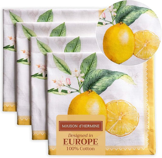 Maison d' Hermine Cloth Napkins Set of 4 100% Cotton Everyday Reusable Square Napkins Cloth Washable, Dinner, Party, Wedding, Restaurant, Spring/Summer (Limoncello, 20" x 20")