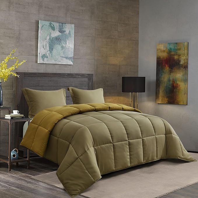 HIG 3pc Dark Olive Queen Size Comforter Set - All Season Reversible Down Alternative Comforter with Two Shams - Quilted Duvet Insert with Corner Tabs - Box Stitched Blanket - Breathable, Soft, Fluffy