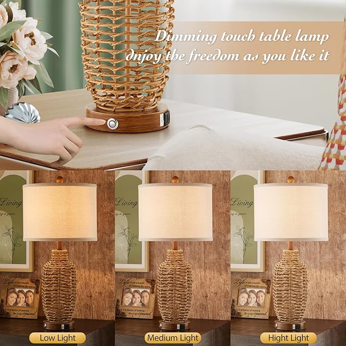 Rattan Table Lamps Set of 2 Wicker Lamps 3 Way Dimmable Touch Control Farmhouse Rustic Coastal Lamps with USB Port for Bedroom Living Room Office (LED Bulbs Included)