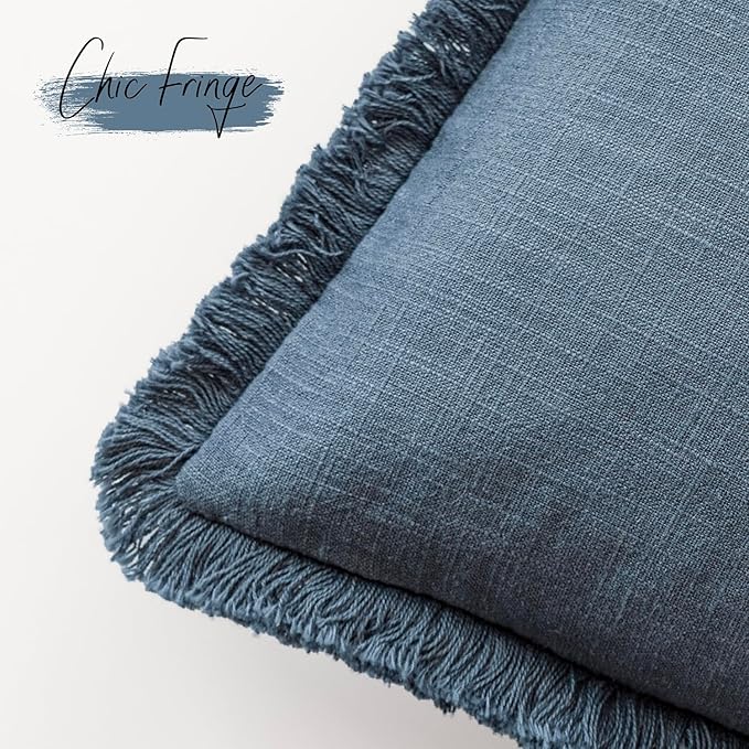 Foindtower Set of 2 Decorative Linen Fringe Throw Pillow Covers Cozy Farmhouse Cushion Cover with Tassels Accent Pillowcase for Couch Chair Sofa Bed Living Room Home Decor,16×16 Inch,Dark Blue