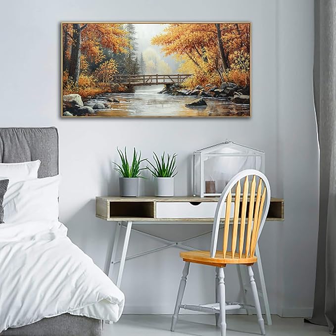 KLAKLA Canvas Wall Art - Rustic Landscape Burnt Orange Forest Tree Creek Print Picture Framed Artwork for Living Room Bedroom Office Wall Decor - 40x20 Inches