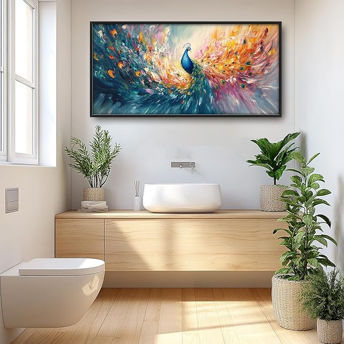 Flintis Large Colorful Peacock Framed Wall Art Peacock Feathers Pictures Wall Decor Abstract Animal Canvas Painting Print Artworks Decor Framed for Living Room Bathroom Master Bedroom 60L X 30W