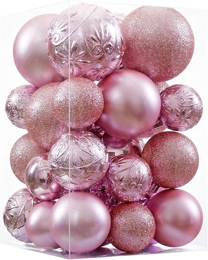 Wironlst Christmas Ball Ornaments - 30pcs Shatterproof Plastic Christmas Ornaments Hanging Ball Decorations for Xmas Tree, Holiday, Wedding, Party (Multi-Size, Pink)