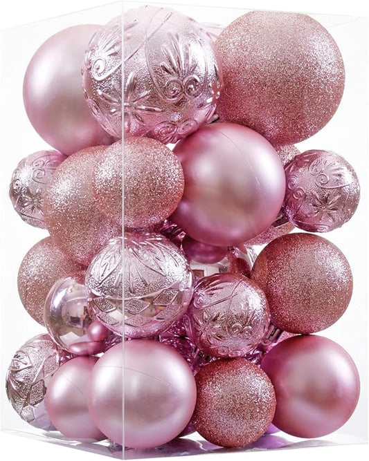 Wironlst Christmas Ball Ornaments - 30pcs Shatterproof Plastic Christmas Ornaments Hanging Ball Decorations for Xmas Tree, Holiday, Wedding, Party (Multi-Size, Pink)
