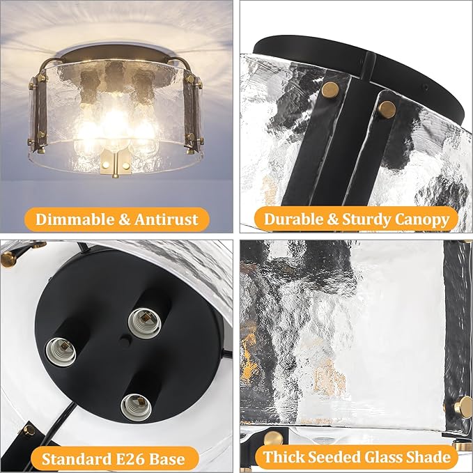 TOULMJ 15'' Semi Flush Mount Ceiling Light, Black Morden Hallway Light Fixture 3-Light Ceiling Light Fixture with Seeded Glass Shade for Dining Room Hallway Entryway Bedroom Laundry Room