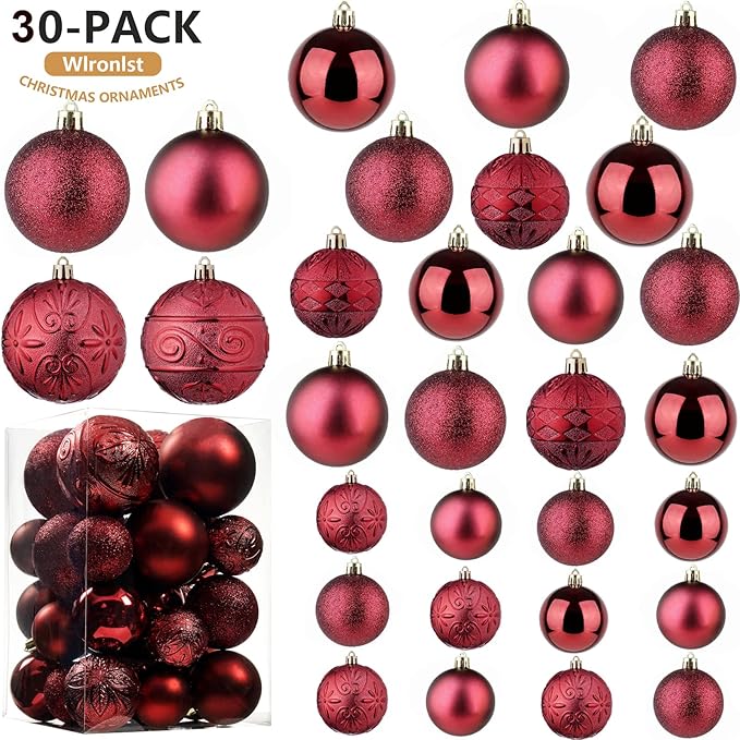 Wironlst Christmas Ball Ornaments - 30pcs Shatterproof Plastic Christmas Ornaments Hanging Ball Decorations for Xmas Tree, Holiday, Wedding, Party (Multi-Size, Burgundy)