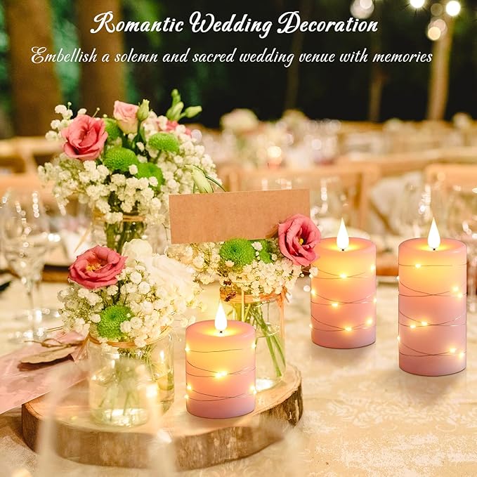 Da by Flameless Candles with String Lights，Battery Operated Candles,LED Flickering Candles with Remote Control and Timer, Real Wax, 3 Pack-Pink