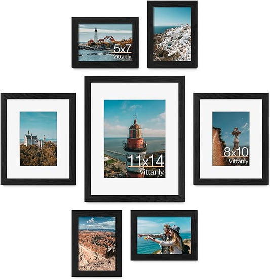 Vittanly 7 Pack Picture Frames, Picture Frames Collage Wall Decor for Wall or Tabletop Display, Multi Sizes with 1Pcs 11x14, 2Pcs 8x10 and 4Pcs 5x7 Photo Frames, Gallery Wall Frame Set in Black
