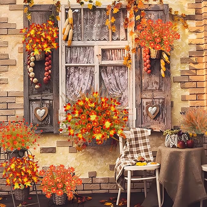 16Pcs Artificial Fall Flowers Outdoor Fake Fall Plants UV Resistant Autumn Greenery Plastic Flowers Shrubs for Outside Porch Patio Garden Boxwood Thanksgiving Decor