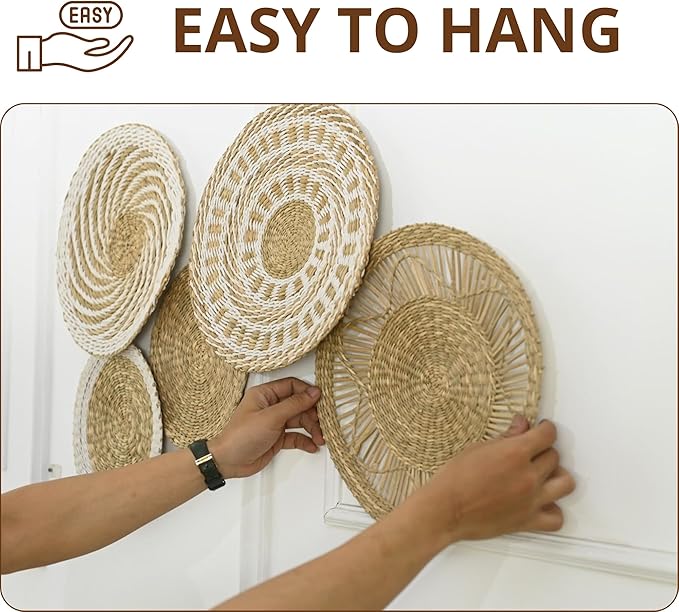 Wicker Wall Decor Set – Boho Basket Wall Art, Natural Woven Wall Art for Living Room Bedroom, Seagrass Decorative Plates For Wall Hanging, Flat and Lightweight