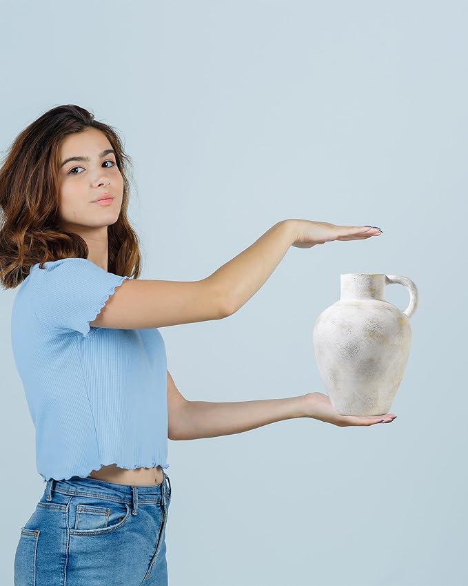 9 in Rustic Ceramic Farmhouse Vase with 1 Handle,Glazed Beige and Yellow Vintage Pottery Jar with Black Distressed Eroded Texture Finish,Boho for Home Decor,Tabletop,Mantel,or Living Room