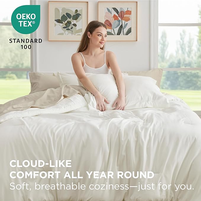 Bedsure Full Comforter Set - 7 Pieces White Full Bedding Set for All Seasons, Boho Contrasting Design Bed in a Bag with Comforter, Sheets, Pillowcases & Shams