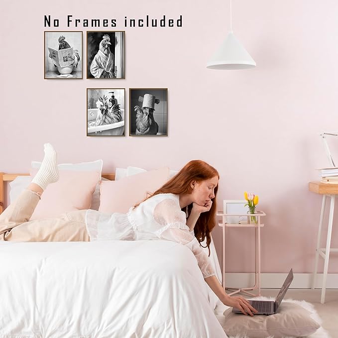 FITIE Funny Chicken Bathroom Wall Art Posters Set of 4, Chicken Bathroom Decor, Humorous Farmhouse Animal Rooster Hen Canvas Prints Artwork Wall Decor for Bath Room Washroom, 8x10 Unframed