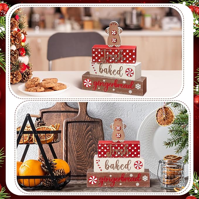 Geelin 4 Pcs Wooden Christmas Tabletop Decor Gingerbread Man Tiered Tray Decor Christmas Centerpiece Rustic Decorative Block Signs Gift Farmhouse Table Decoration for Home Kitchen