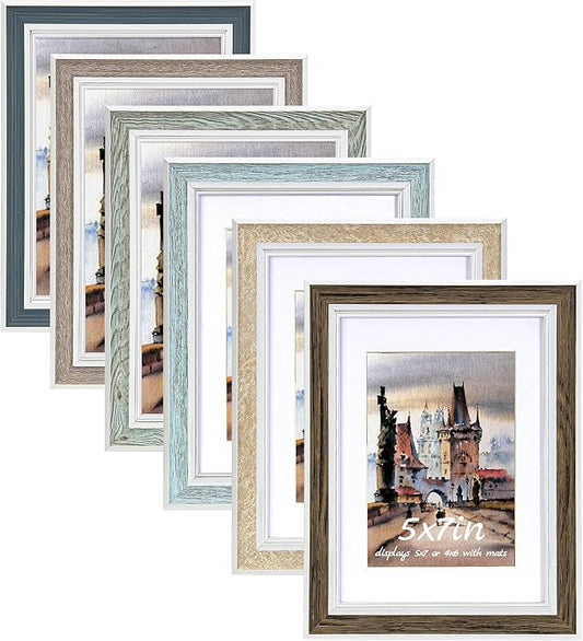 5x7 Picture Frame Set of 6, vintage picture frames Rustic Farmhouse Photo Frame, Display 4x6 with Mat or 5x7 Without Mat for Decorative on Wall Hanging Tabletop Placement