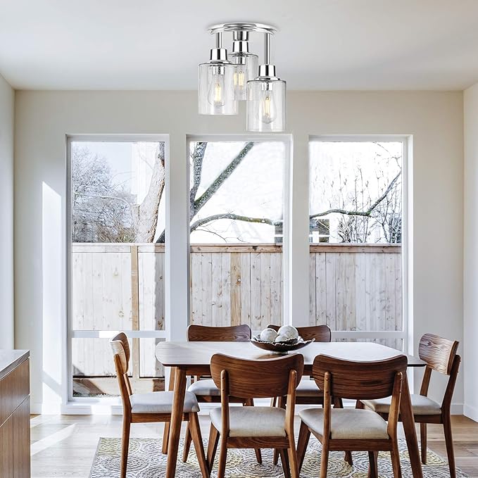 Semi Flush Mount Ceiling Light, 3-Light Close to Ceiling Light Fixtures, Electroplating Chrome Finish with Clear Seeded Glass Shade Chandelier Lighting for Stairs Porch Hallway Entryway Kitchen