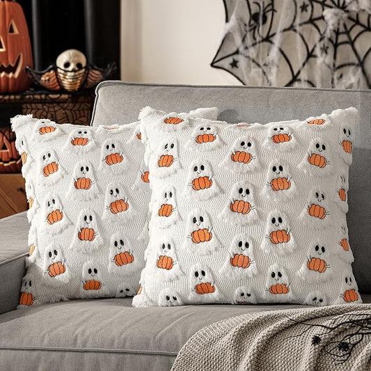 MIULEE Halloween Pillow Covers Decorative Fall Cute Ghost Plush Faux Fur Pillows 20x20 Inch Set of 2 Soft Pumpkin Accents for Sofa Couch Bed Living Room Festive Home Decor, White Bright Orange